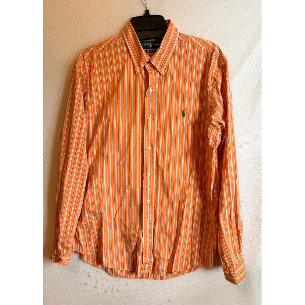 Ralph Lauren Custom Fit Striped Button Down Shirt Orange White Mens Large L